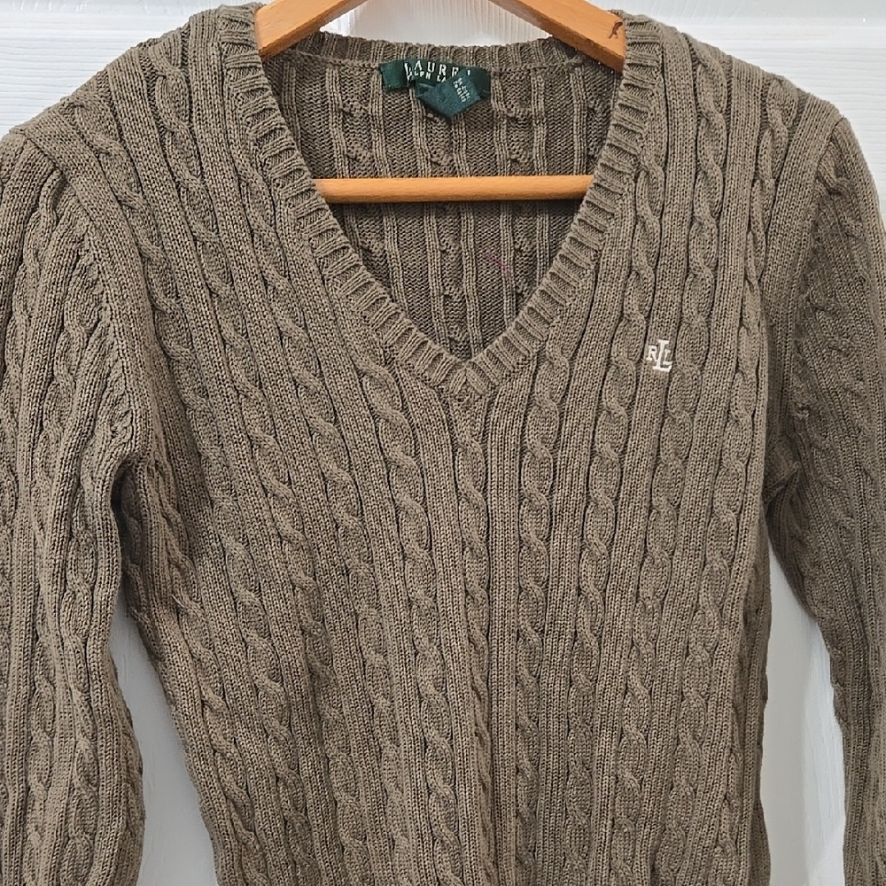 Ralph Lauren V-Neck Brown Sweater with Cable Knit